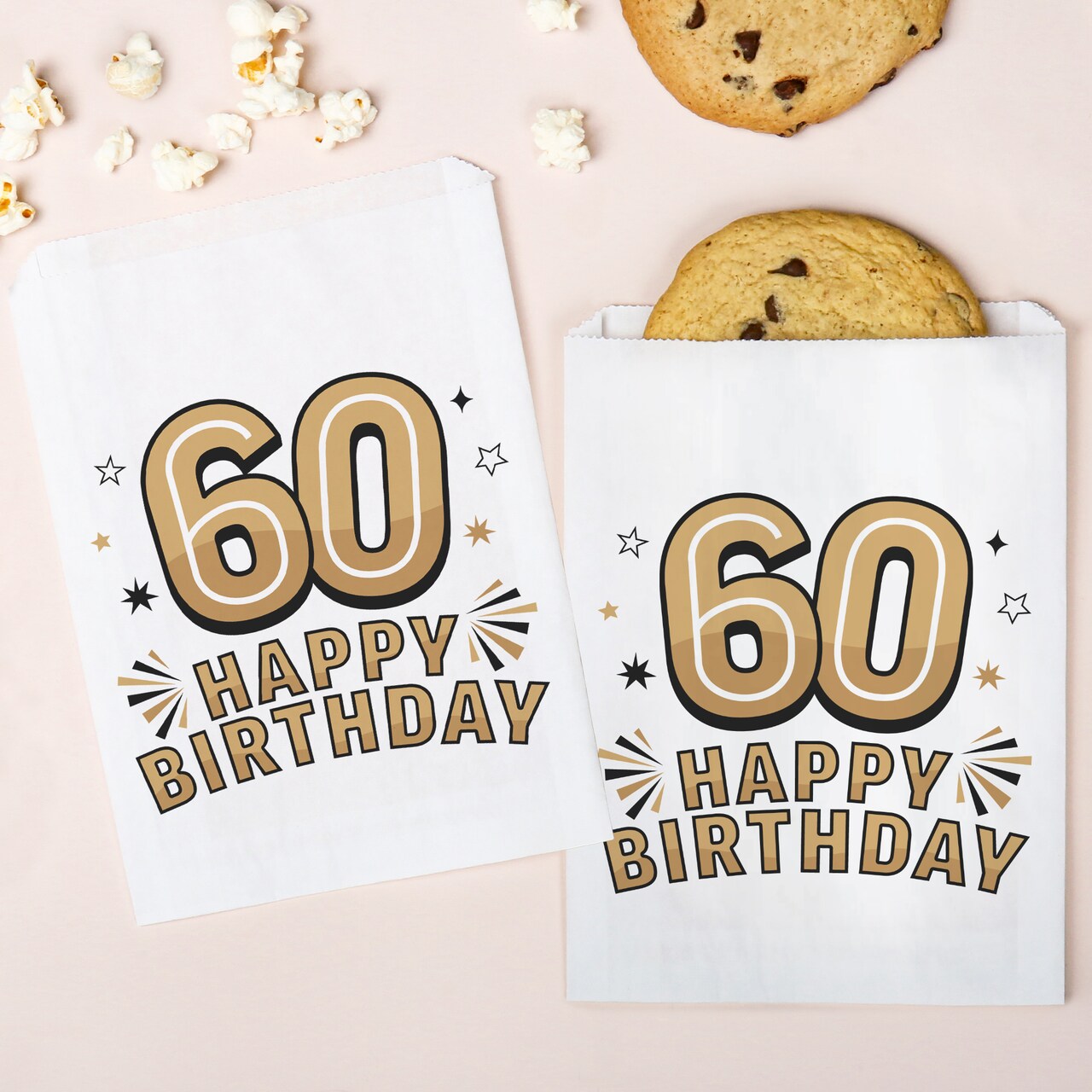 Big Dot of Happiness Adult 60th Birthday White Paper Treat Bags, Black & Gold Party Individual Greaseproof Brown Paper Sandwich Cookie Bags - 25 Count